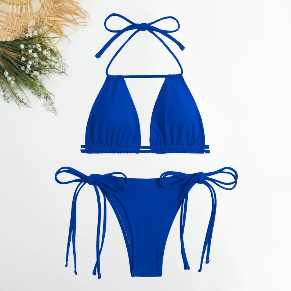 2Pcs/Set Women Sexy Bikini Set Halter Sleeveless Bra High Waist Lace-up Swim Briefs Set Solid Color Split Design Beachwear