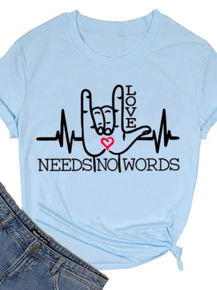 2024 LOVE NEEDS NO WORDS Electrocardiogram Print Women T Shirt Short Sleeve Tops Mujer  O Neck Loose Women Tshirt Ladies Tee Shi