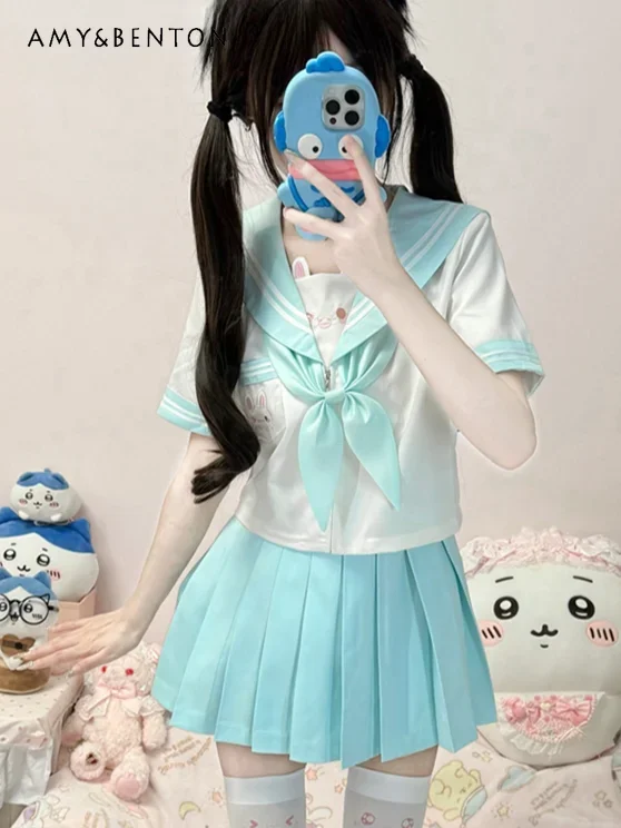 اليابانية نمط Preppy لطيف Jk موحدة الإناث الحلو الكرتون التطريز آذان أرنب البحرية طوق قميص مطوي تنورة قطعتين مجموعة