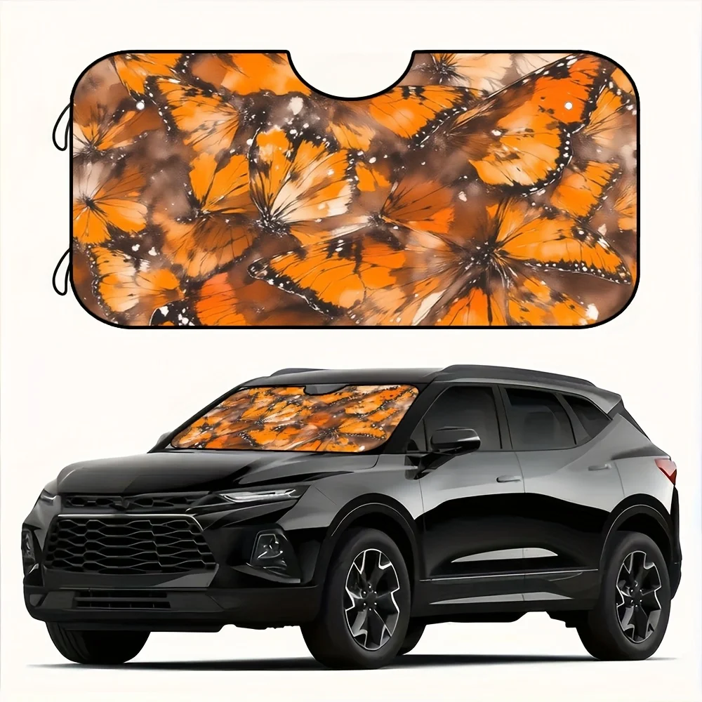 

1pc Orange Monarch Butterfly Car Sun Shade - Foldable Sun Visor For SUVs & Trucks, Fit, UV Protection & Heat Reduction, Stylish