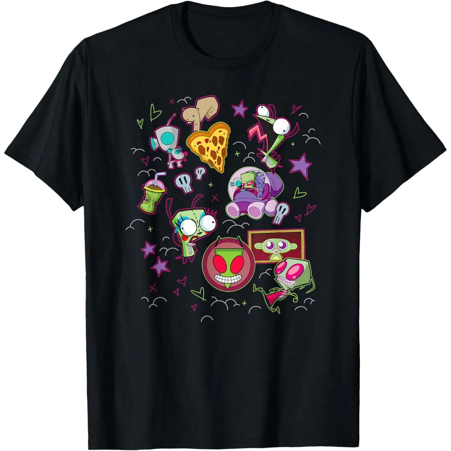 

Invader Zim Sticker Collage Graphic Tee Cotton Crew Neck Short Sleeve Casual T-Shirt for Men