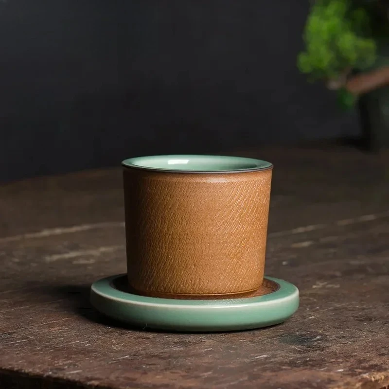110ml High-end Longquan Celadon Teacup Handmade Jumping Knife Master Cup Wing-handled Cup Tea Bowl with Saucer Kit Teaset Gifts