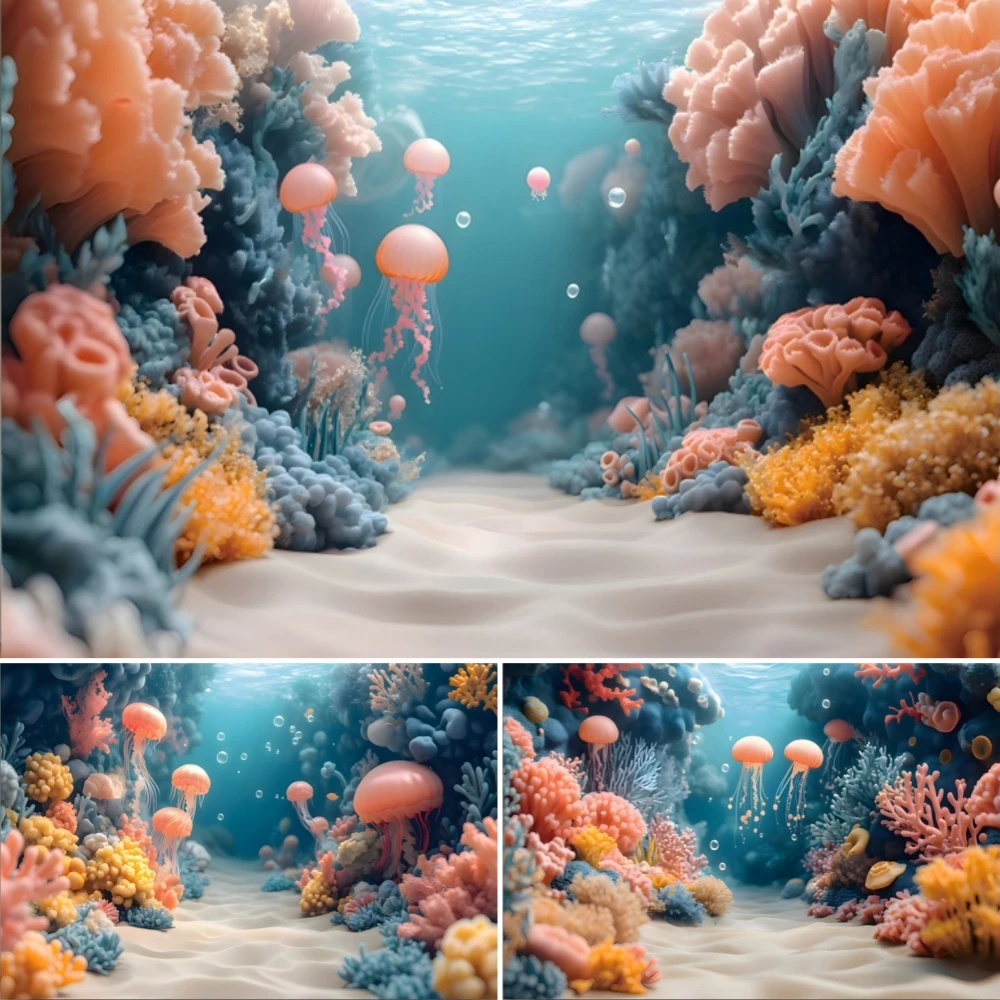 

Ocean Underwater Background Undersea World Jellyfish Coral Mermaid Baby Birthday Party Decor Photography Backdrop Photo Studio