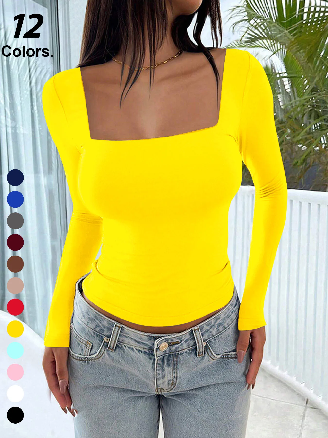 Herbst Neu Damen T-Shirt Streetwear Mode Langarm Lässig Schmal Vielseitig Damen T-Shirt Einfarbig Sexy Tiefer Ausschnitt Oberteile Kleidung – Detail 11