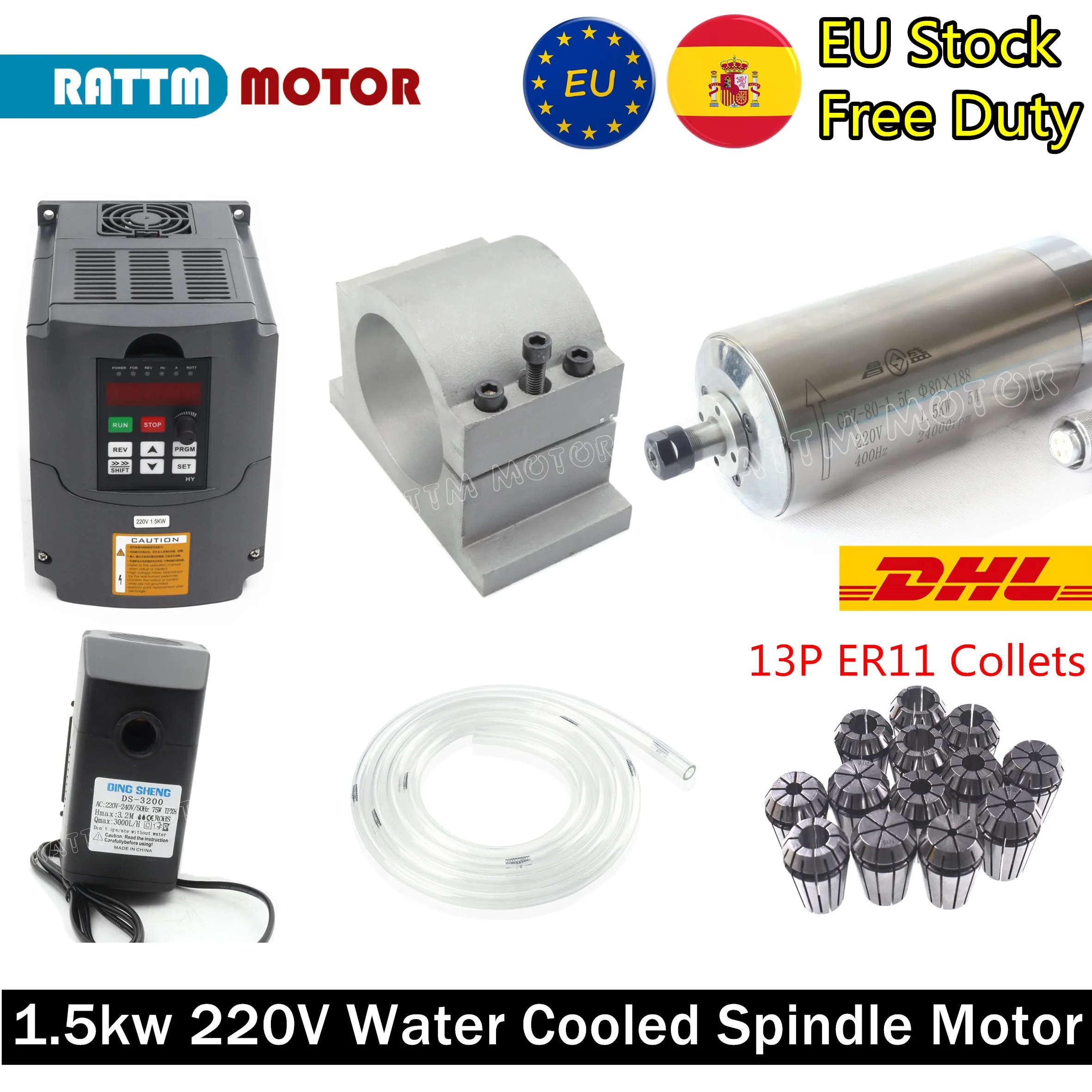 【EU Stock】1.5kw ER11 Water Cooled Spindle Motor Kit D=80mm 4 pcs Bearings 0.01mm accuracny & HY Inverter 75W Pump 80mm Bracket