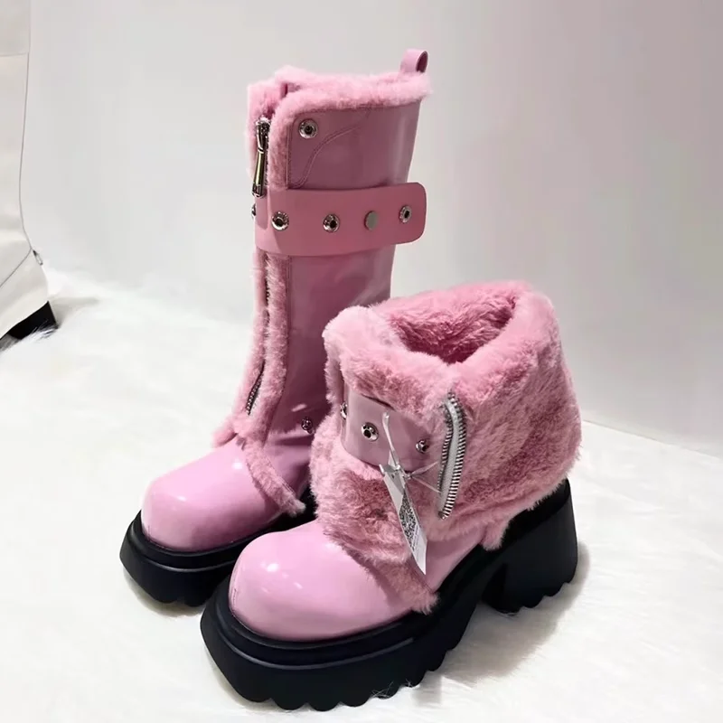 

Newest Fur Patchwork Mid-Calf Boots Thick Sole Chunky Heel Foldable Boots Runway Party Shoes for Women 2023 Winter Sexy Fashion