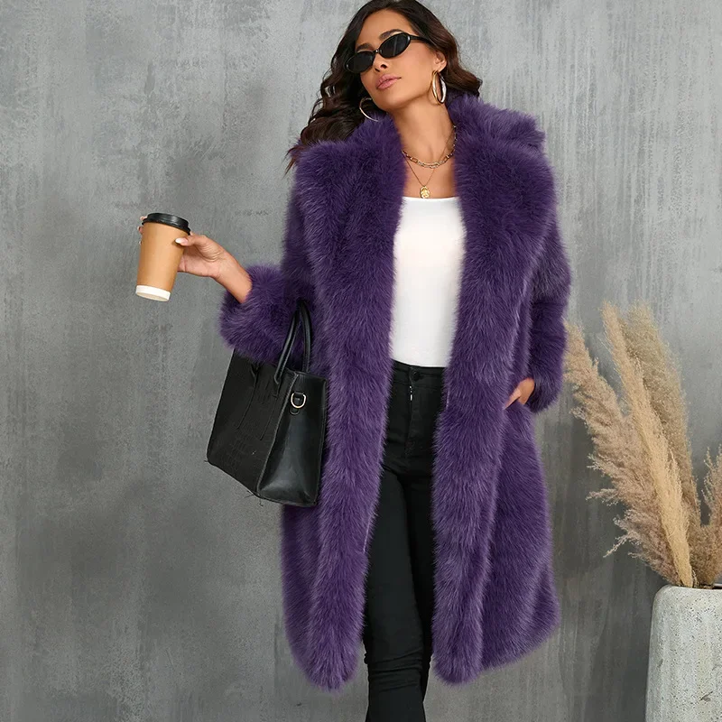 Casaco Faux Fur de luxo para mulheres, casaco longo quente, lapela peludo, Streetwear Cardigan, Casacos grossos à prova de vento, roupas de inverno