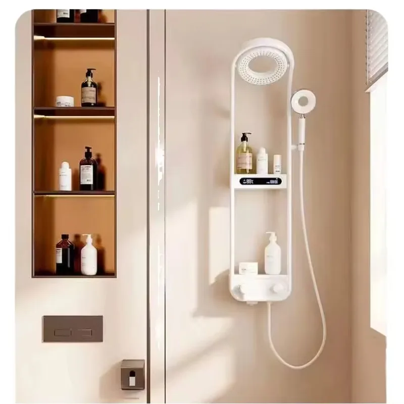 Ensemble de douche intelligent tout en cuivre, affichage numérique blanc, petit panier chromé poli, rehausseur de vent doux, Internet à température constante