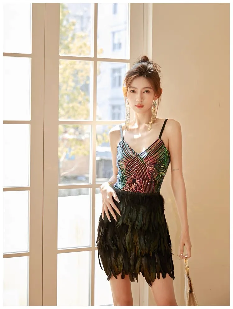 Fashion Dress For Women Chic Feather Colorful Sequins Sling Skirt V-neck Sundress Birthday Party Club Clothing(72h Shipment)