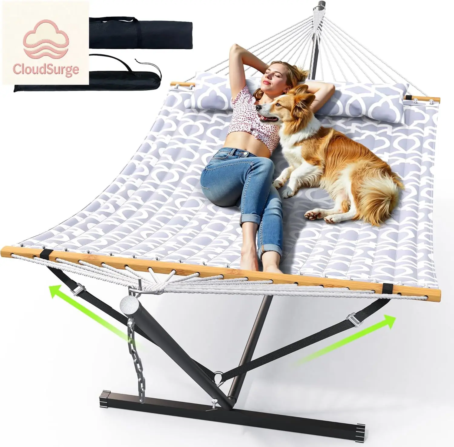 

Двойной гамак с подставкой для улицы, прочный портативный гамак с регулируемой стальной подставкой для патио, сада, пляжа, заднего двора