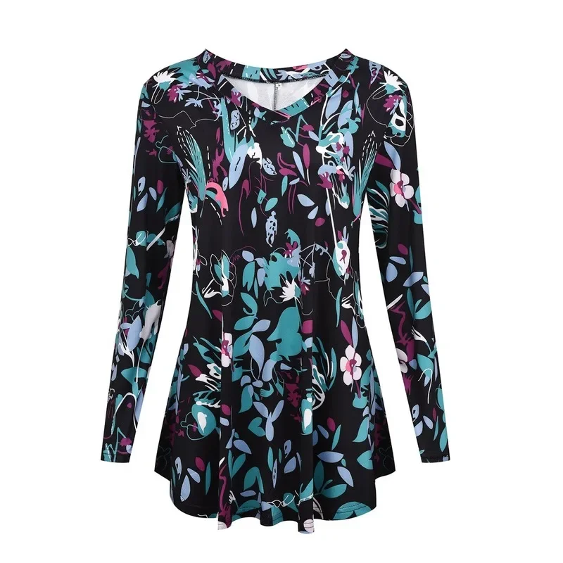 Women V Neck Long Sleeve Indie Aesthetics Print T Shirts Oversized Tops Casual Loose Tees Spring Autumn New Elegant Homewear