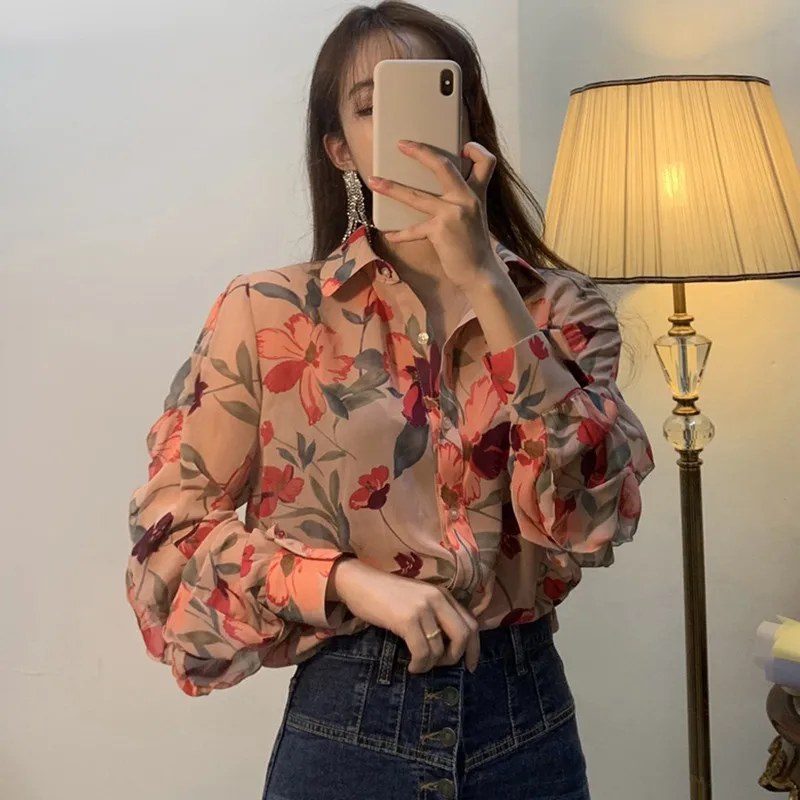 Summer Women\'s Chiffon Shirt Female Retro Fashion Flower Print V-Neck Top Floral Loose Elegant Long Sleeve Tops For Lady