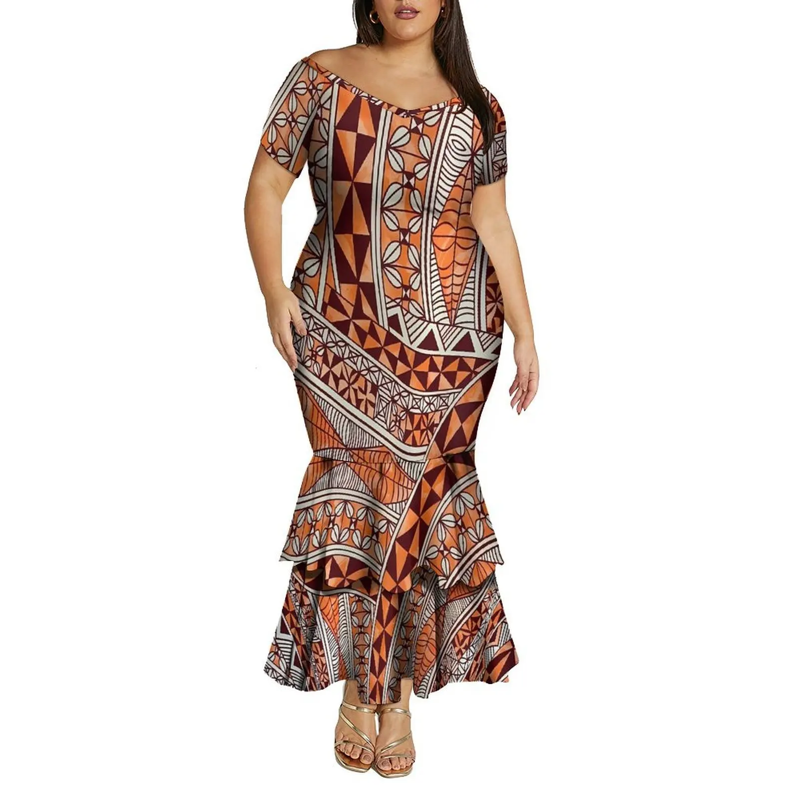 Vestido rabo de peixe de camada dupla equipado com um grande decote em V e ombro de fora vestido de festa e festival personalizado polinésio