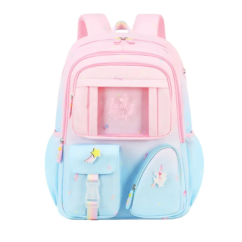 グラデーションカラーキッズバックパック小学生通学女の子かわいいスクールバックパック大容量軽量防水ブックバッグ