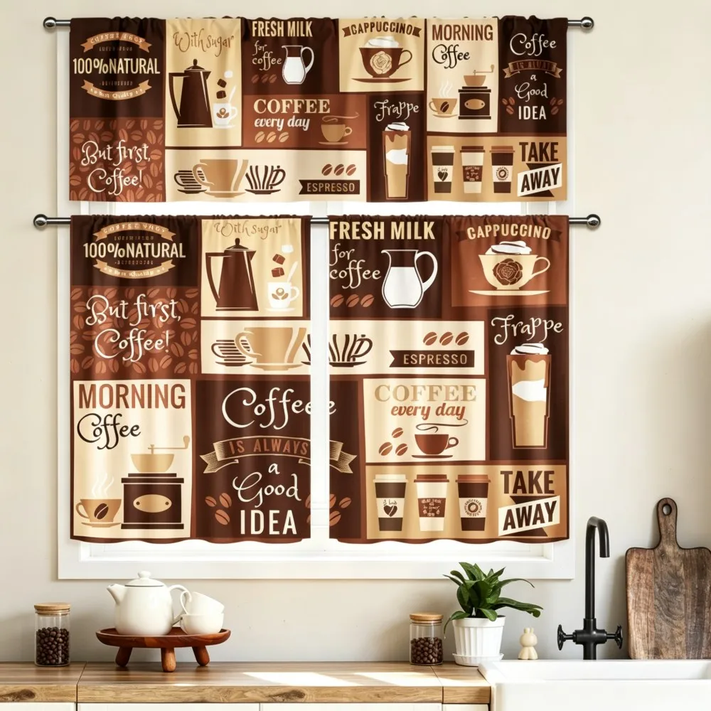 Vintage Kitchen Curtains, Coffee Cup Bean Poster, Digital Print, Kitchen Dining Room Cafe, Rod Pocket Polyester, Home Decor