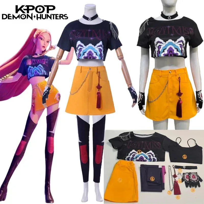 

l2025l Новый Аниме KPop Охотники Демонов Мира Косплей Костюм Топ Юбка Серьги Охотница Униформа Хэллоуин для Женщин Девочек Праздничный Костюм