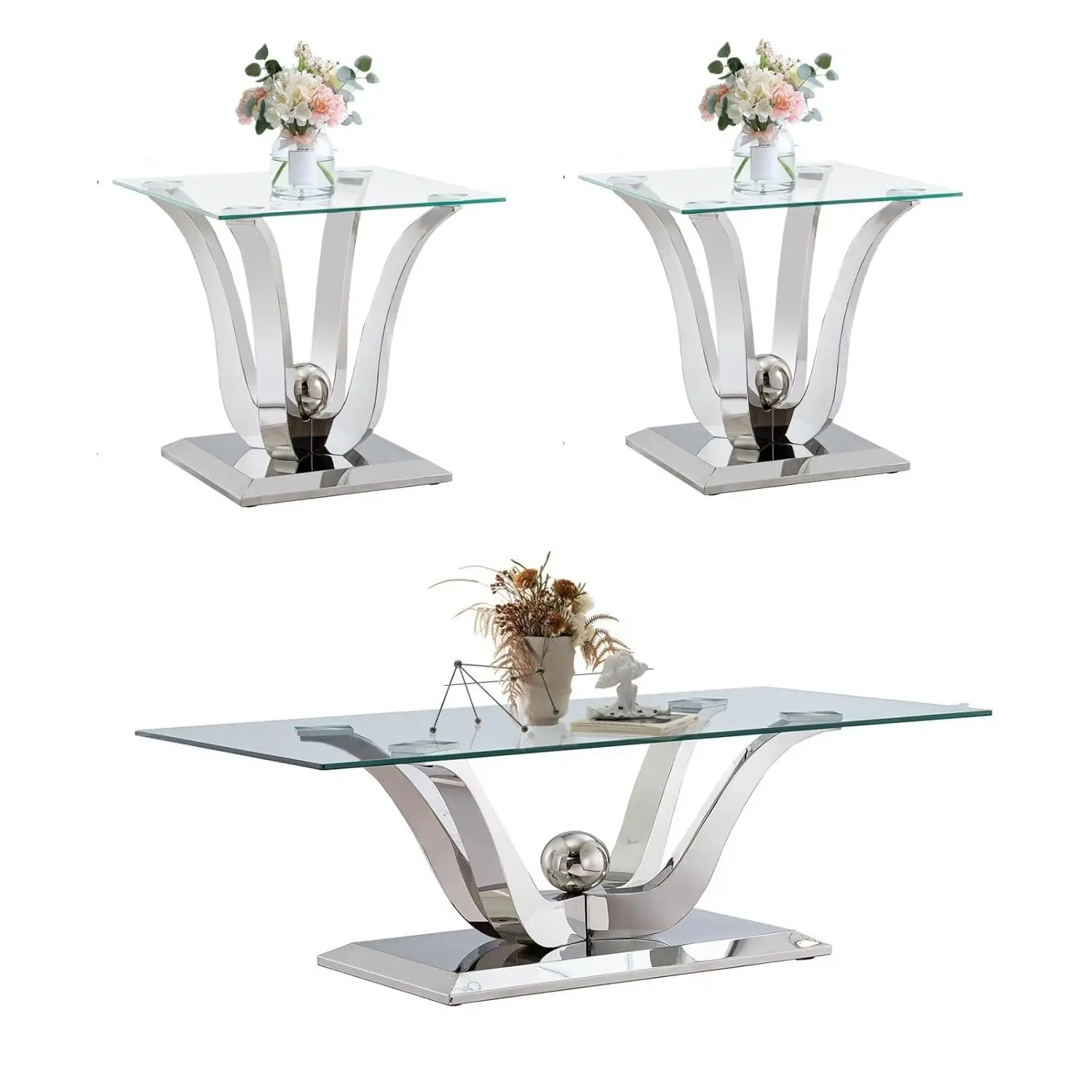 

Modern Glass Coffee Table Set with 2 End Tables Rectangle Tempered Top Silver U-Shape Base Living Room Home, Customized