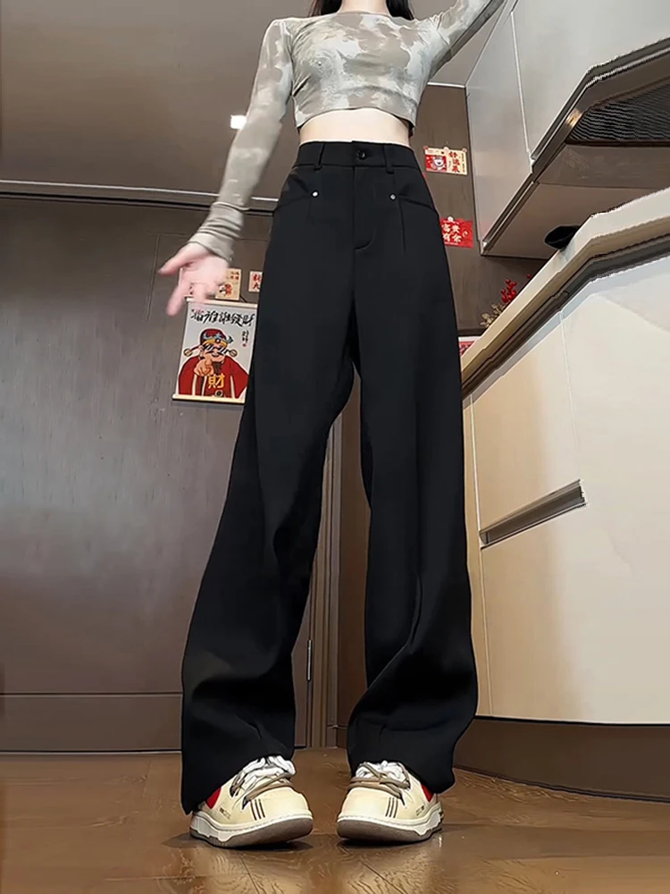 Black Straight Leg Men's Suit Pants High Waist Slimming Drapey Decorative Embellishment Casual Trousers for Spring Autumn