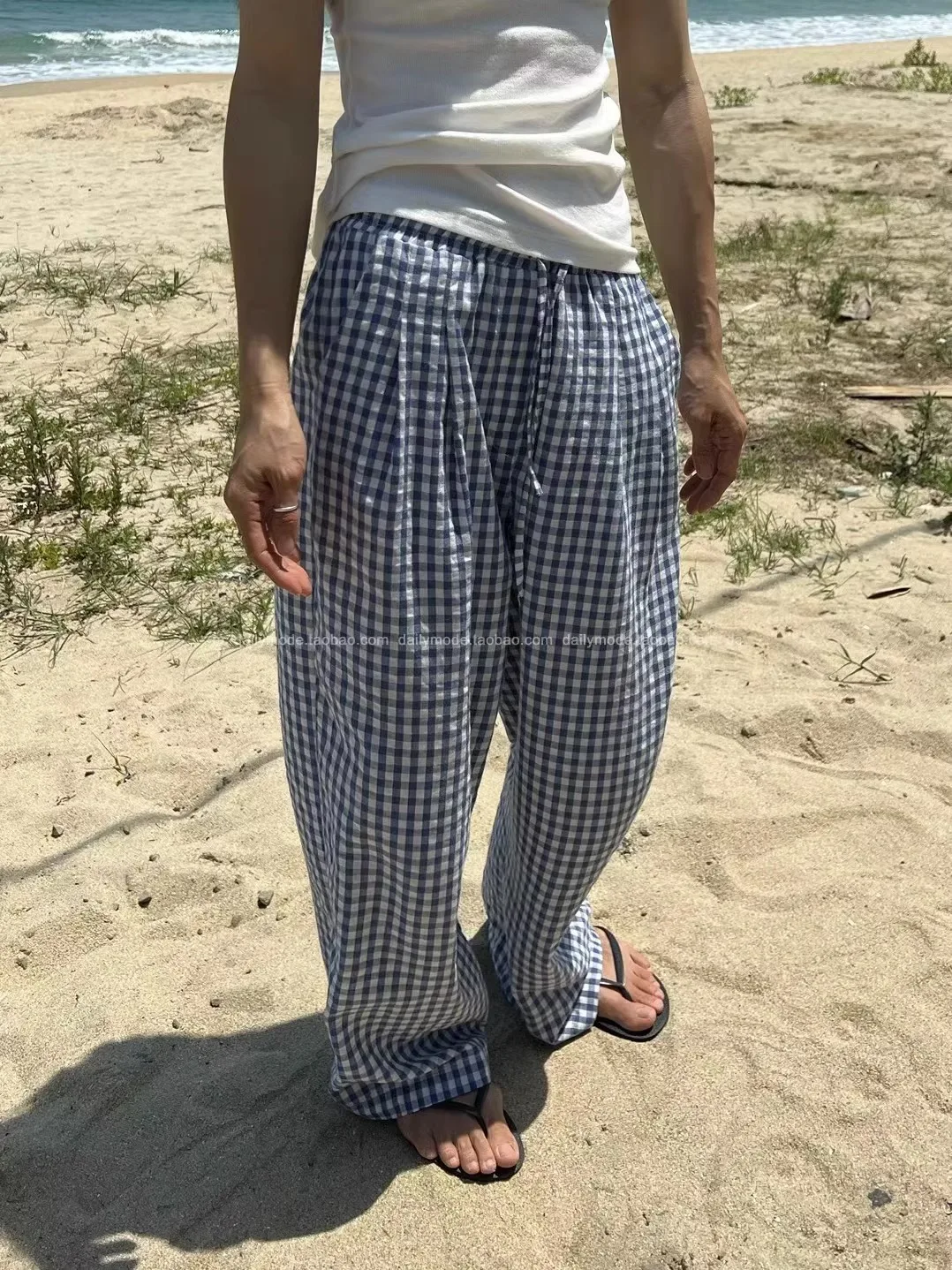 กางเกงลำลองทรงตรงเอวยางยืดลายสก็อตสีน้ำเงิน สไตล์เรียบง่าย เหมาะสำหรับใส่ไปทำงาน สไตล์เกาหลี เอวสูง ใส่สบายในฤดูร้อน ผ้าบาง...