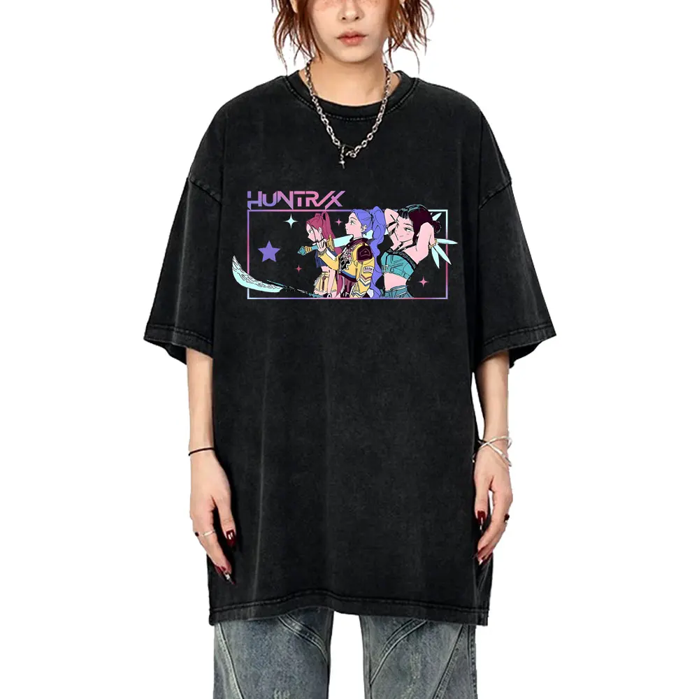 

Washed Vintage Movie KPop Demon Hunters Rumi Mira Zoey T-shirt Men Women Korean Fashion Trend Streetwear Male Casual Cotton Tees