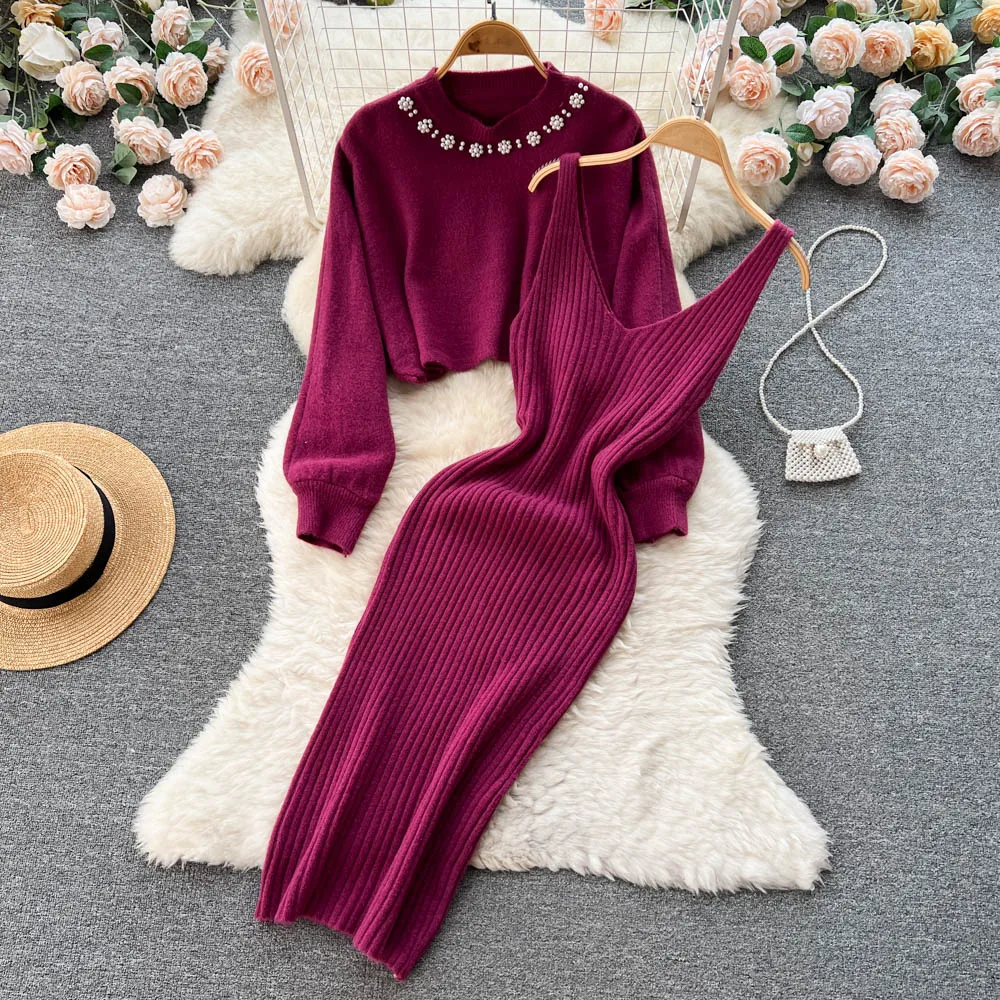 Neue Frauen ärmelloses Kleid gestrickt zweiteilig Set Mode Perlen Perle Langarm Croppde Sweater Schal gestrickt Camis Kleid Sets