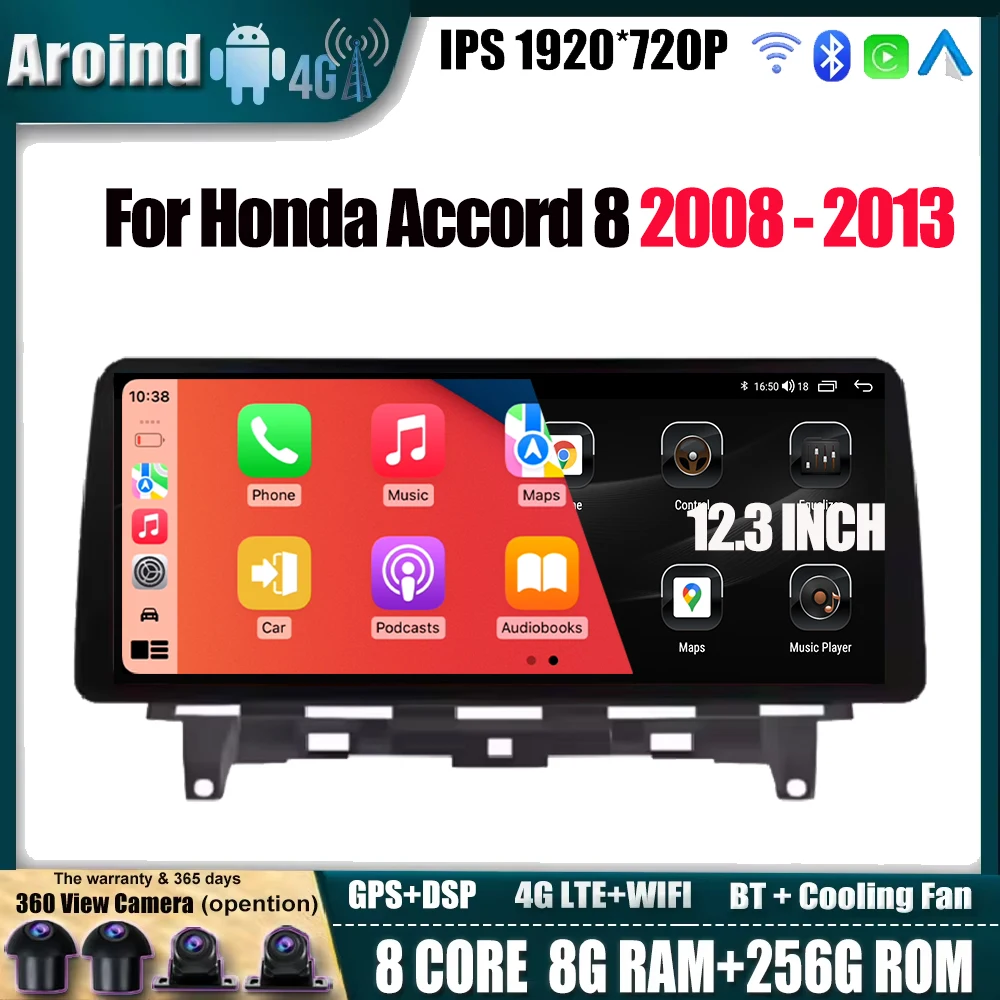 

12.3Inch Carplay Android Auto For Honda Accord 8 2008 - 2013 IPS Screen Multimedia Video Player Navigation GPS Tools 4G LTE wifi