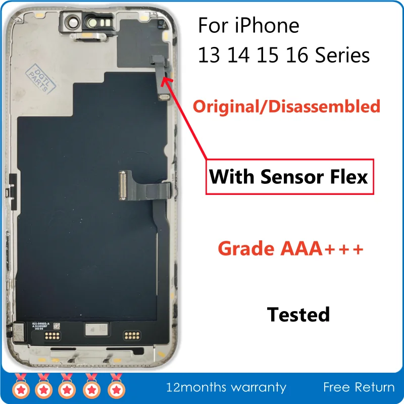 Original Disassembled Official Screen with Sensor Flex For iPhone 13mini 14 Plus 15 16 Pro Max LCD Display Assembly Diagnosis A+