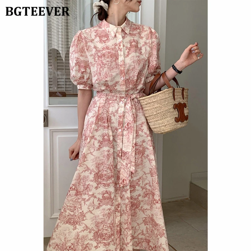 BGTEEVER Vintage Short Sleeve Female A-line Floral Dress Casual Slim Waist Lace-up Pockets Female Single-breasted Midi Dress