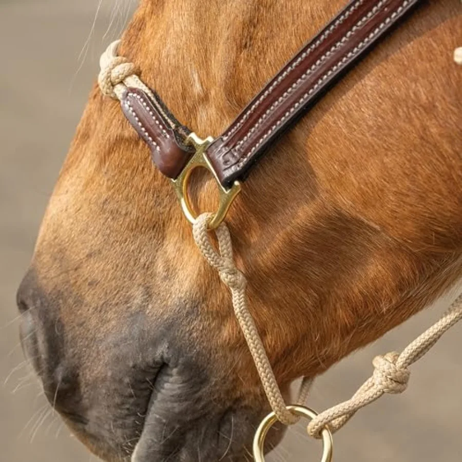 Horseman's Halter for outdoor equestrian use genuine leather and natural rope construction classic brown color durable handcraf