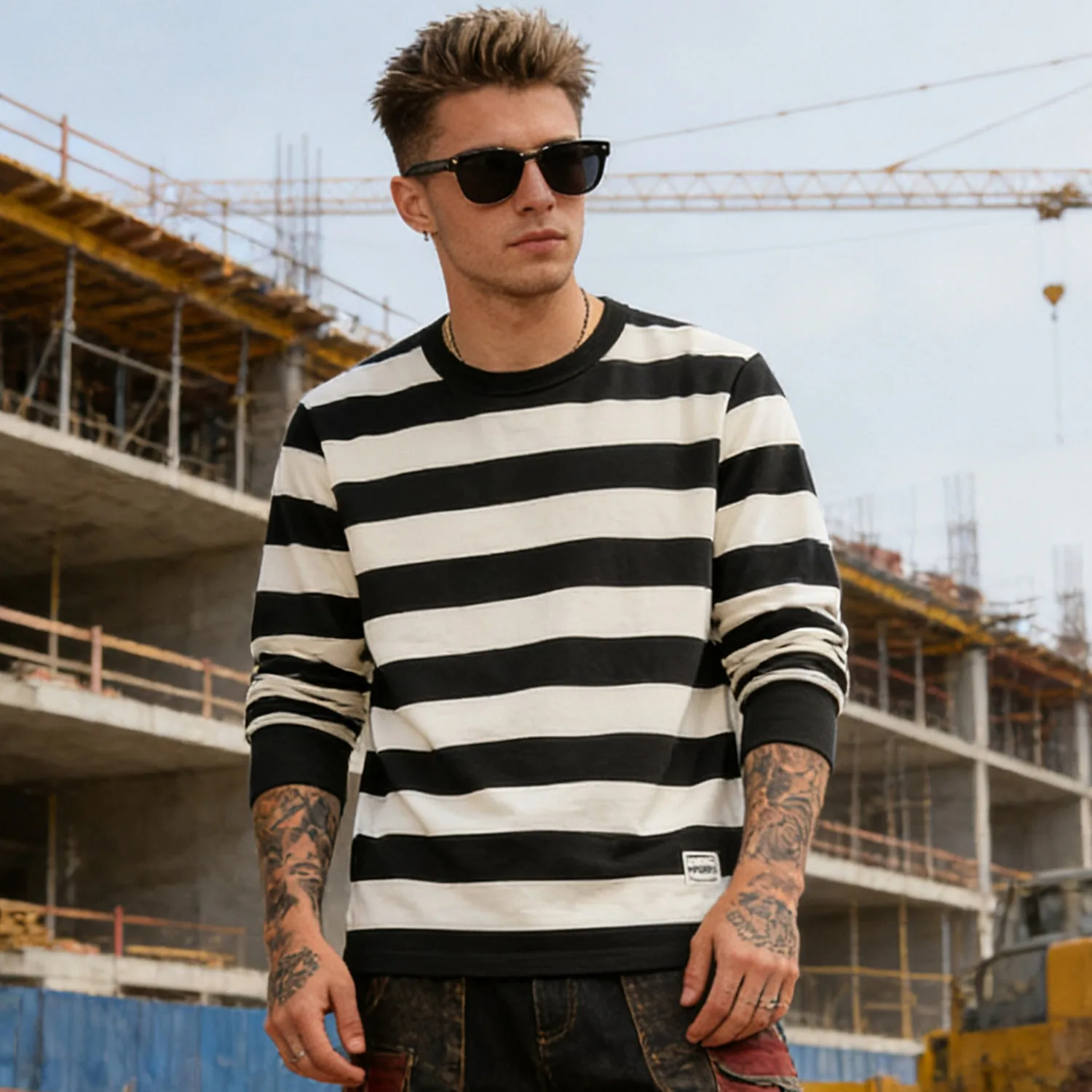 Men Amekaji Retro Heavy Striped Long Sleeve Tee Prison Locomotive Vintage Casual Workwear Tops