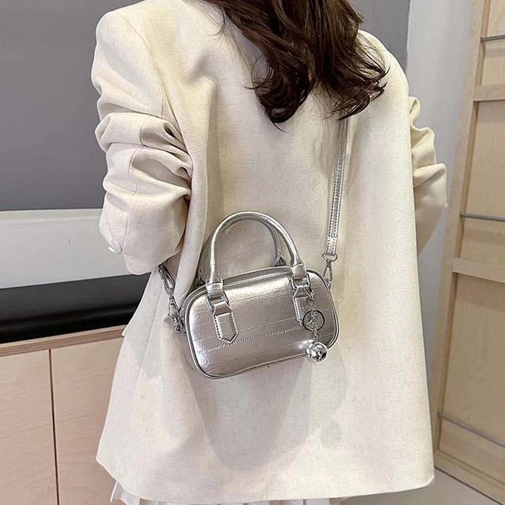 

Pea Bag PU Leather Boston Handbag Waterproof Korean Style Bowling Bag Alloy Ball Ornament Retro Small Square Bag Daily