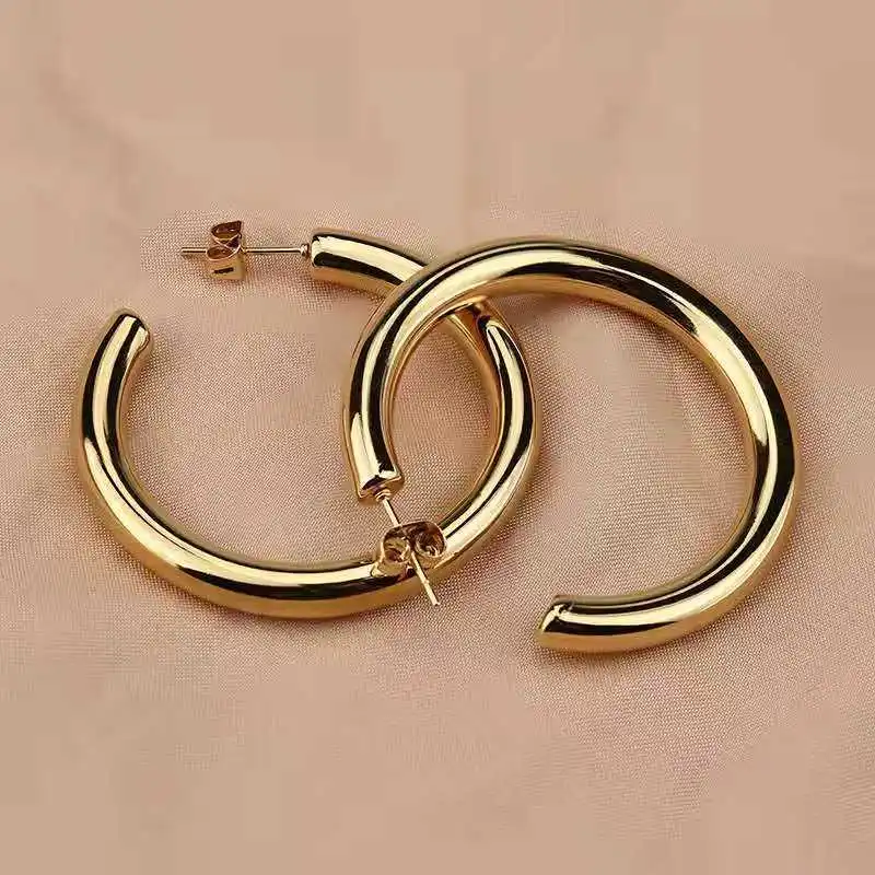 30/40/50mm C Shape Stainless Steel Hoop Earrings for Women Classic 14K Gold Plated Large Thick Hoop Earrings Fashion Accessories