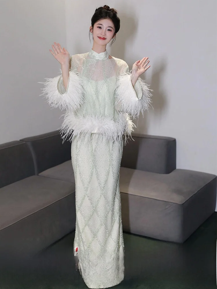 

Ele Chinese Sle Morning oot Wedding Dr Women's High Ne Feather Top High End Aosphere Evening Gown