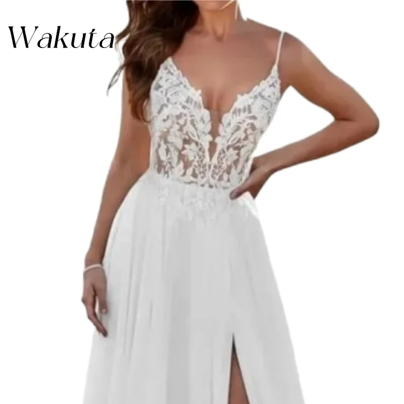 Wakuta-vestido de casamento com decote em V, sem mangas, bordado, vestido de chiffon, casamento na praia, linha A para noivas