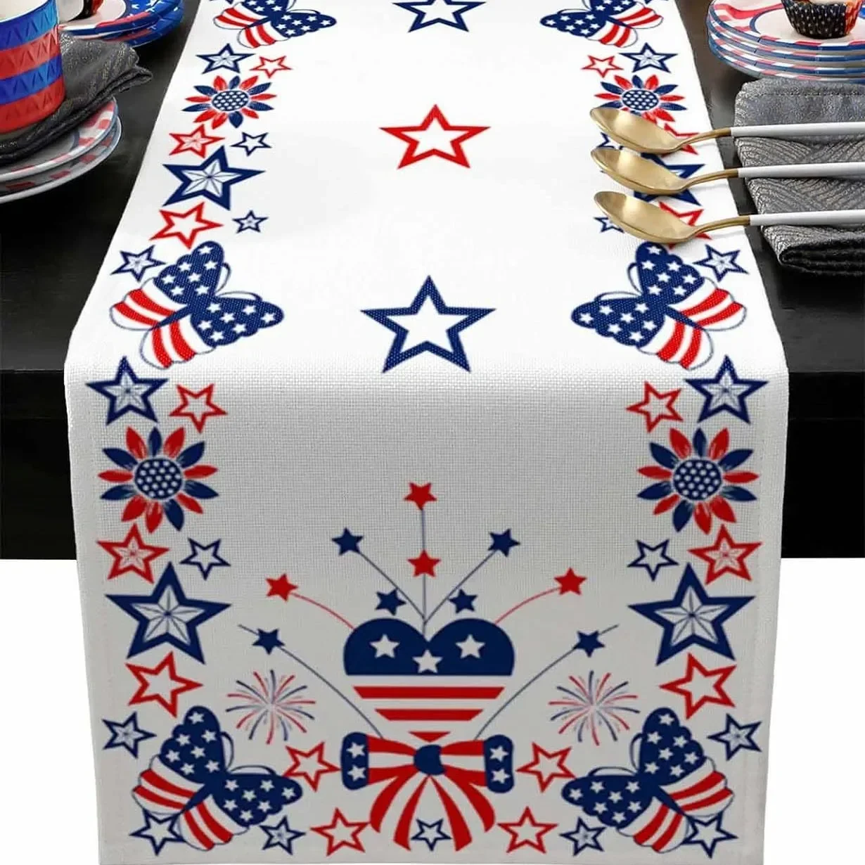 Patriotic Table Runner Gnome Firework Star Linen Tablecloth God Bless America Independence Day 4th of July Dining Table Decor
