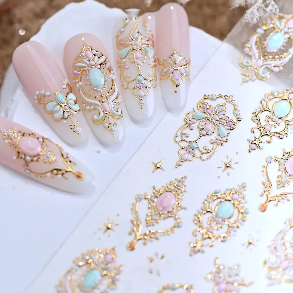 1pcs 5D Relief Gold Vintage Baroque Scepter Nail Decals Pink Diamond Necklace Nail Stickers 8*10cm Adhesive Nail Art Supplies Y5