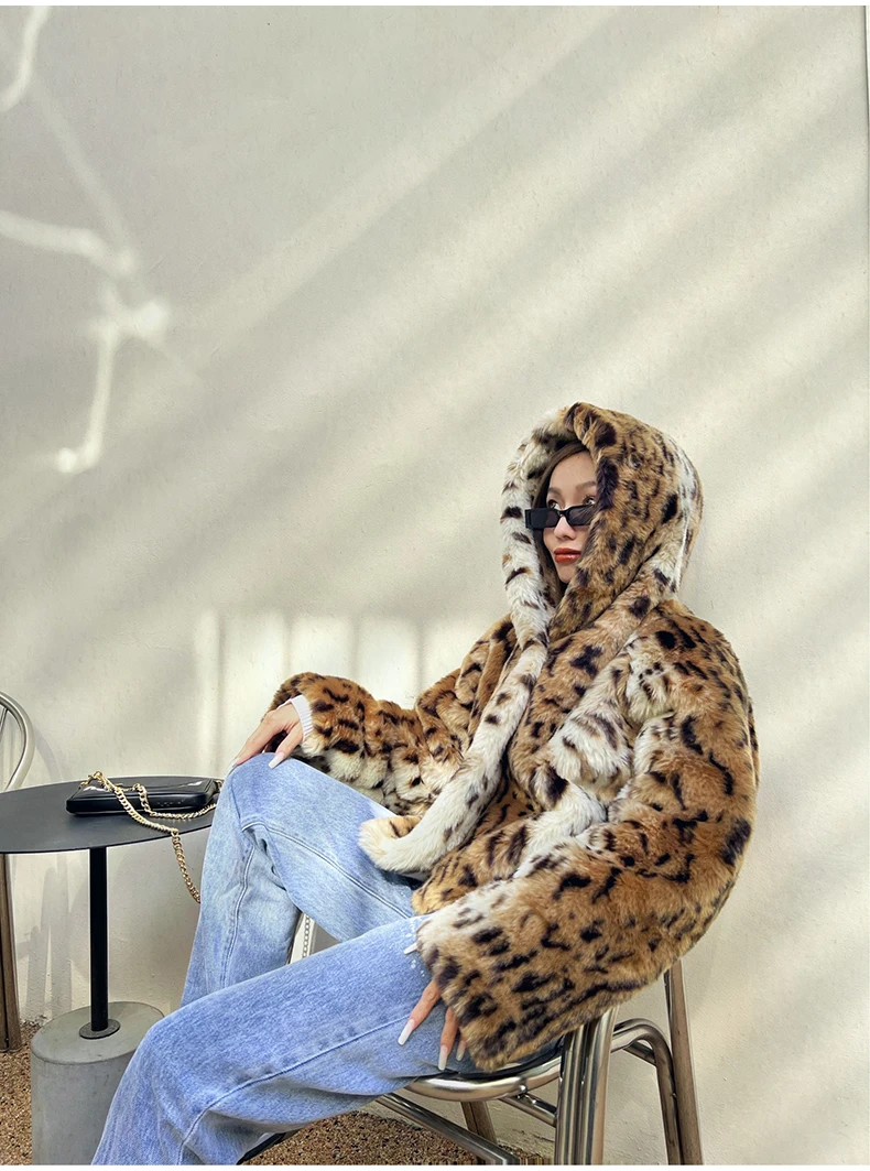 Lautaro Winter Short Thick Warm Leopard Print Faux Fur Coat Women with Hood Raglan Long Sleeve Hot Girl Loose Soft Fluffy Jacket