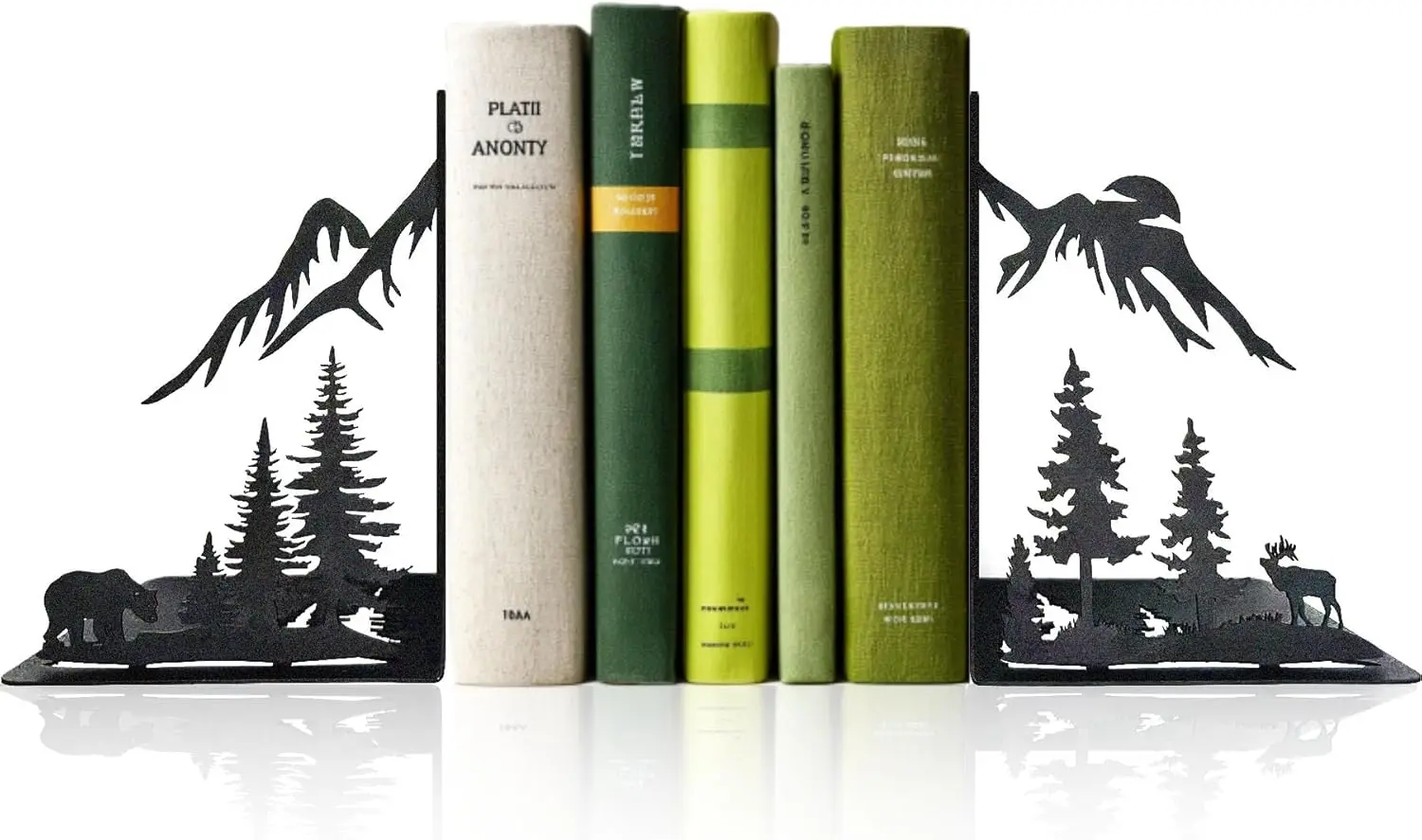

Mountain Forest Book Ends Decorative for Shelves, Cute Metal Bookends for Heavy Books, Unique Laser Cut Book Holders, Bl