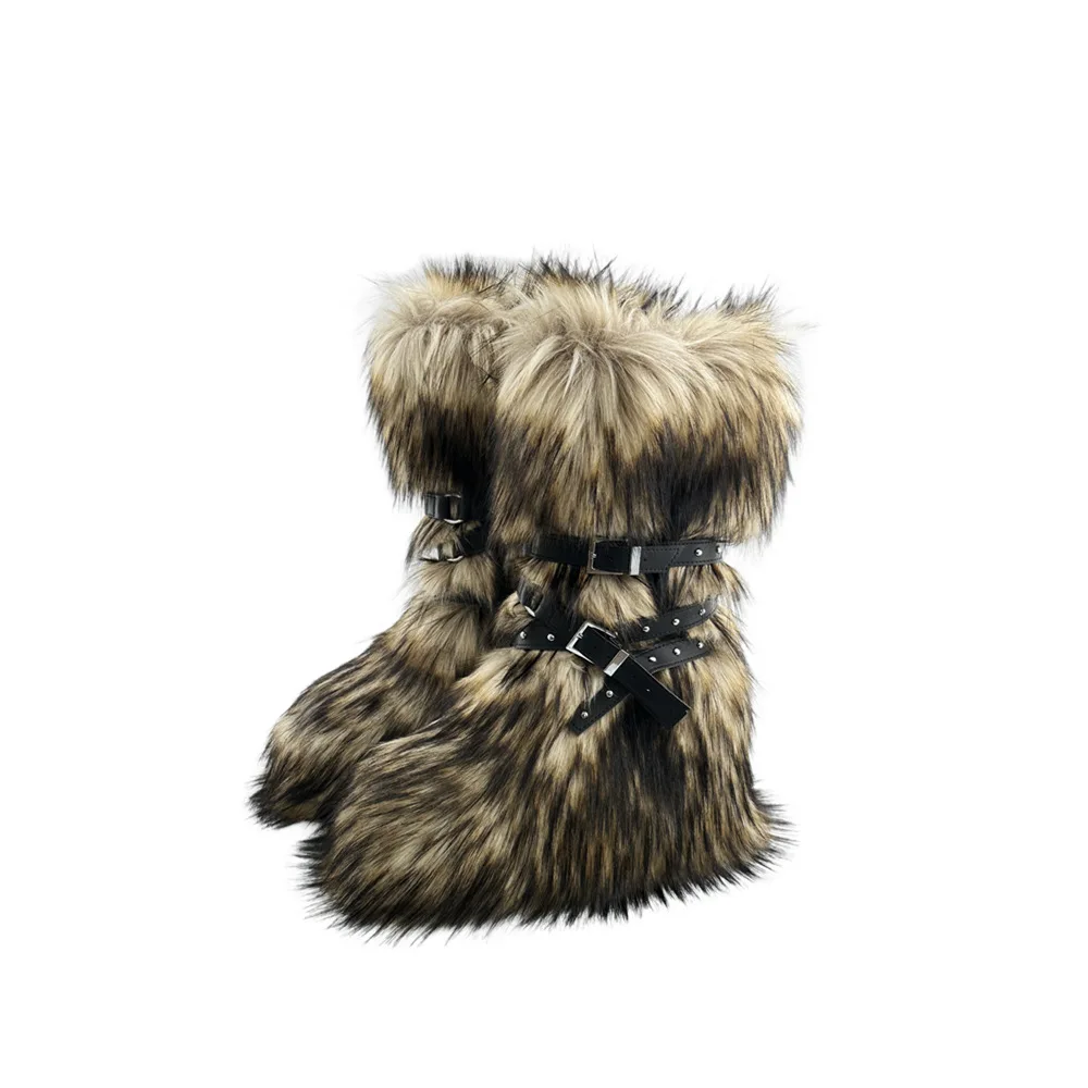 FLAMING PEACOCK Women's Faux Fur Knee-High Wedge Boots Brown 6