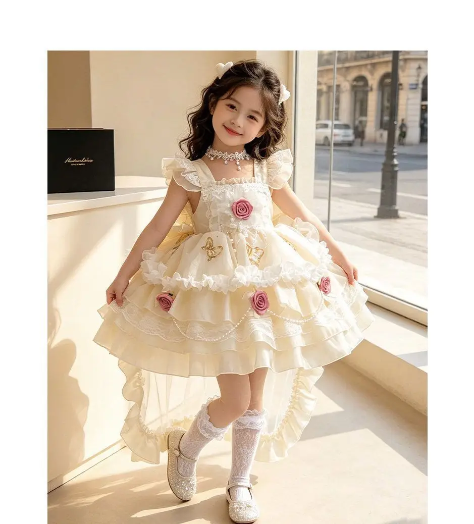 Girls Lolita Dress 2026 Summer New Sweet Spaghetti Strap Princess Gown Kids Tulle Ball Gown Wedding Party Elegant Dress