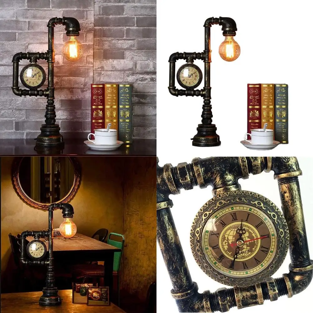 

Vintage Steampunk Desk Lamp with Clock - Unique Water Pipe Design for Home, Office, and Dining Areas (Bulb Not Included)