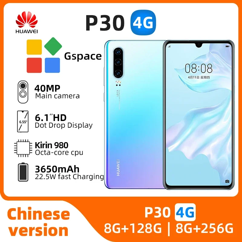 HUAWEI P30 Mobile phones 6.1 inch 40MP+32MP Camera 8GB RAM 128GB ROM Smartphone Android 4G Network NFC Google Play used phone