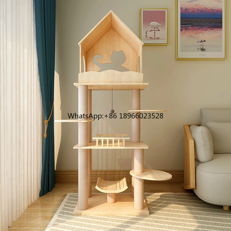 

Custom modern wooden scratcher large cat tree tower durable climbing cat toys for indoor cats