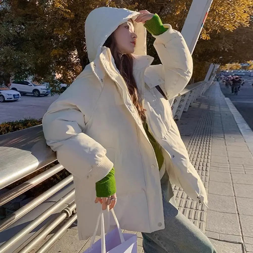 Abrigo de algodón grueso con capucha para mujer, Abrigo acolchado grueso a prueba de viento, puño elástico cálido de longitud media hacia abajo,