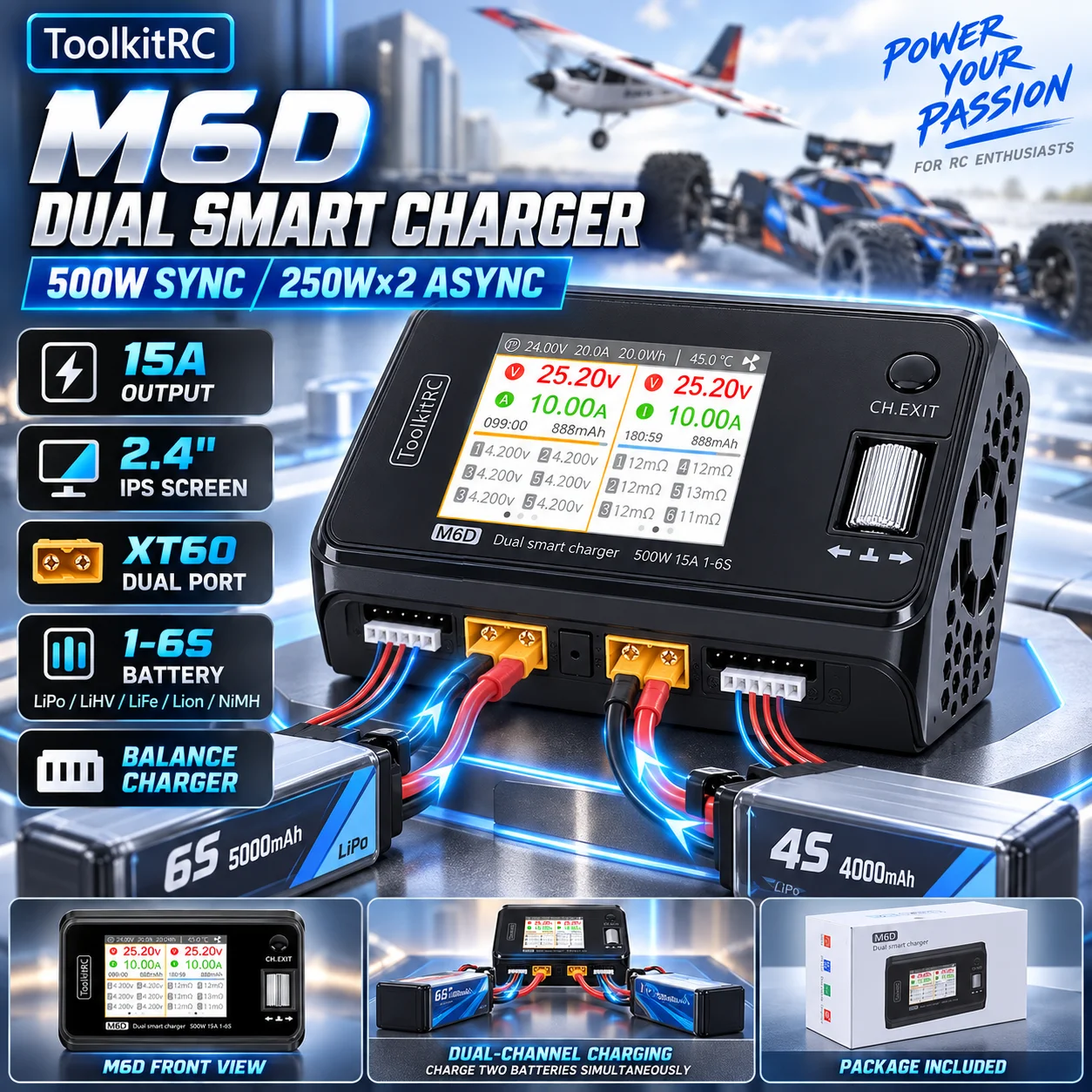 ToolkitRC M6D V3 MINI Smart Charger DC 500W Intelligent Dual Channel for 1S-6S RC FPV Model Car Lithium Battery Fast Charging