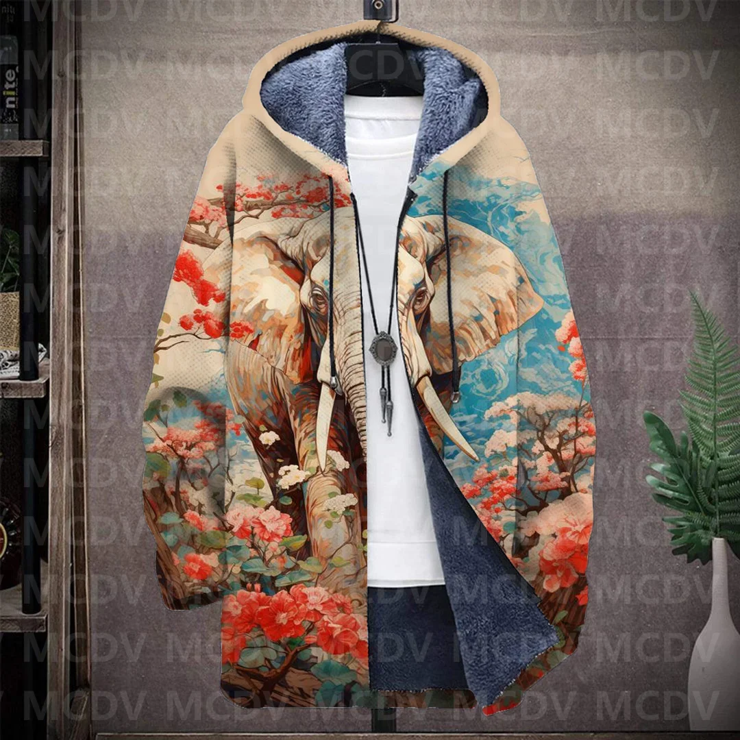 Men's Retro Print Plush Thick Long-Sleeved Coat Cardigan Elephant 3D Prined Fleece Hooded Overcoat Unisex Thick Warm Jacket