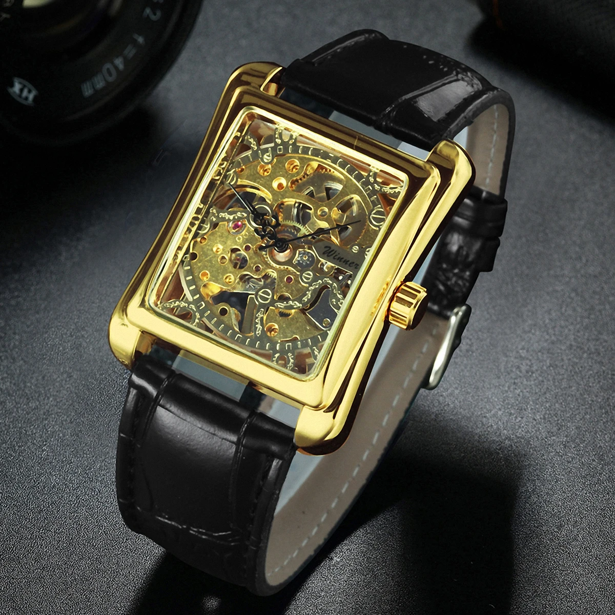 WINNER Classic Skeleton Watch for Women Retro Gold Ladies Watches Top Brand Luxury Leather Strap Fashion Business Wristwatches