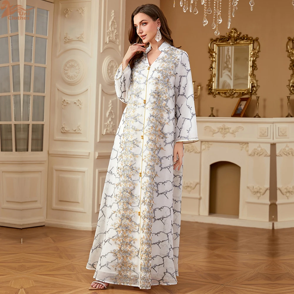 Uni musulmán bordado Maxi Abaya Dubai moda Kaftan de manga larga vestidos árabes para mujeres 2025