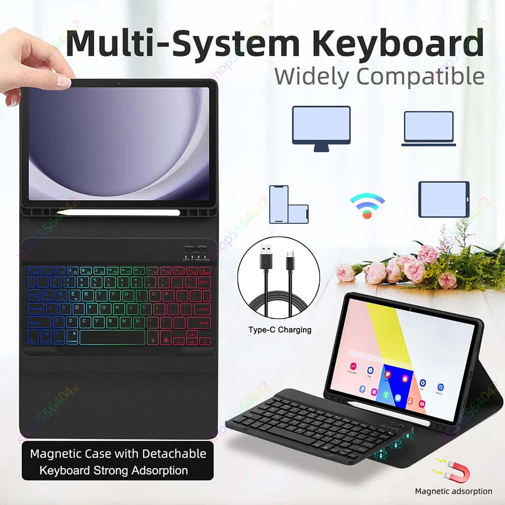 Keyboard Case for Samsung Galaxy Tab A9 Plus/A9+ 11Inch SM-X210/X216 7Color Backlit Wireless Keyboard with S Pen Holder Cover