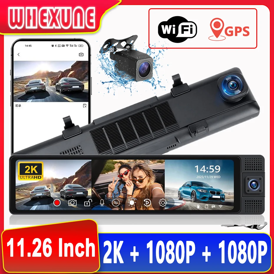 3 Channel Dash Cam Front Inside Rear Three Way Car Dash Camera 4K+1080P Dual Channel With GPS WiFi Night Vision Rearview Mirror